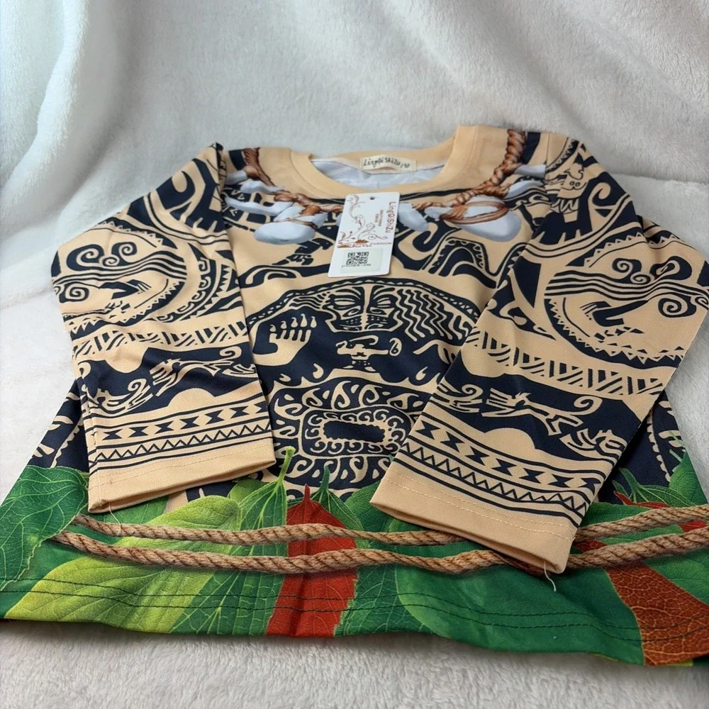 NWT LingQiShiZu Kids Maui Cosplay Costume Disney Moana Tattoo Print 130 6-7yrs